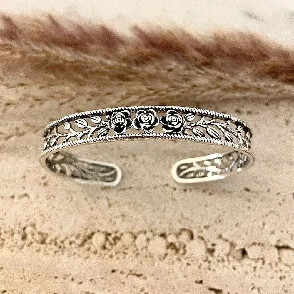 925 Sterling Silver Bead Rose Engraved Cuff Bracelet Silver Vintage Bangle